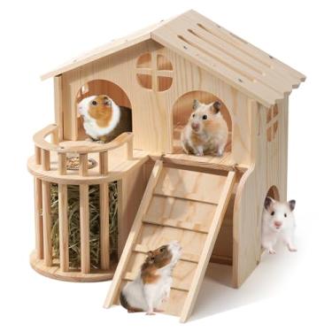 Imagem de JAZUIHA Esconderijo de madeira para porquinhos-da-índia, 2 camadas, castelo de porquinho-da-índia com escorregador removível, tigela de comida e rack de feno para hamsters e chinchila