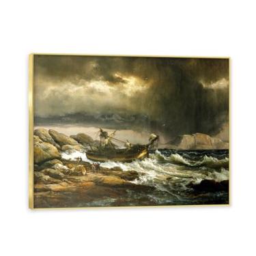 Imagem de NHLDZYH Moldura dourada. Trabalho mestre do romance norueguês, réplica de quadro de J. C. Dahl, paisagem atmosférica, arte de parede com moldura para biblioteca ou sala. (Naufrágio 2). 40 x 50 cm.