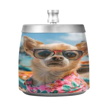 Imagem de STAYTOP Cinzeiro Handsome Dog by The Seaside com tampa, aço inoxidável à prova de vento, sem fumaça, cinzeiro de cigarro grande para decoração de escritório em casa