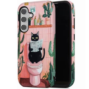 Imagem de RUUHLJLET Capa para celular Samsung Galaxy S25 FE 6,7 polegadas 2025, capa protetora à prova de choque de camada dupla 2 em 3, capa resistente antiqueda para homens e mulheres, gato preto jornal cacto