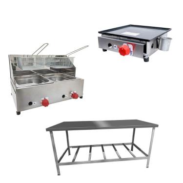 Imagem de Kit Lanchonete Mesa de Manipulação 190x70cm + Fritadeira a Gás 2 Cuba + Chapa a Gás 30cm Alcamar