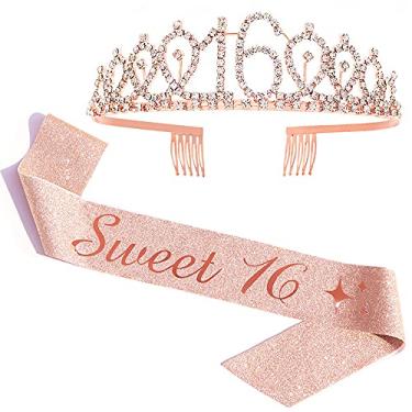 Imagem de ADBetty Conjunto de tiara de strass e faixa Sweet 16 – faixa de aniversário de 16 anos de aniversário faixa de 16 anos (ouro rosa)