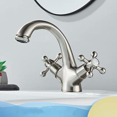 Imagem de Torneira de pia de vaso de alça dupla montada no convés de latão antigo torneira de lavatório de banheiro torneira misturadora de água quente e fria, níquel escovado