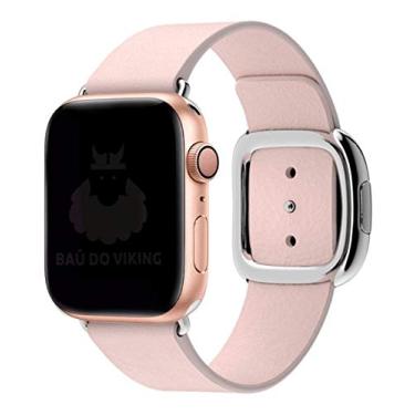 Imagem de Pulseira Couro Fecho Moderno, Compatível com Apple Watch (Rosa/Prata, 42/44/45)