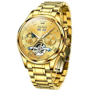 Imagem de OLEVS Relógios automáticos masculinos esqueleto turbilhão auto diamante vestido de luxo relógio de pulso aço inoxidável à prova d'água luminosa fase da lua dia data, 7005: pulseira de ouro e mostrador dourado