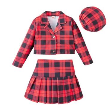 Imagem de Mercatoo Conjunto de saia para bebês meninas outono inverno gola V manga longa camiseta top e saia xadrez vestido 2 peças roupas, Vermelho, 6 Anos