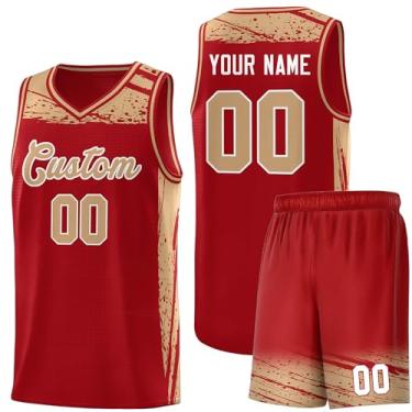 Imagem de Camisa masculina personalizada de basquete juvenil uniforme de treino uniforme impresso personalizado nome do time logotipo número, Vermelho e cáqui - 29, One Size