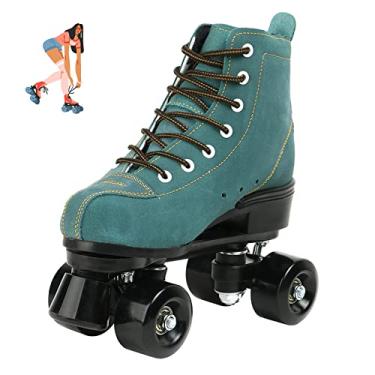 Imagem de jessie Patins femininos de cano alto de couro bovino ajustável brilhante iluminado quatro rodas patins adultos meninos meninas com uma bolsa de sapatos patins internos e externos (tamanho feminino