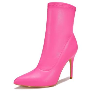 Imagem de CAMSSOO Botas femininas de cano alto, salto alto, bico fino, sexy, com zíper lateral, meias confortáveis, cano médio, Poliuretano fosco fúcsia, 40