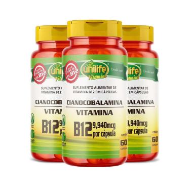 Imagem de Kit 3 Vitamina B12 Cianocobalamina 60 Cápsulas Unilife-Unissex