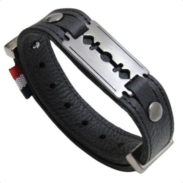 Imagem de GRANADO ACESSÓRIOS, Pulseira Couro Preto Lâmina Barbeiro Grafite Strap Plug- AM