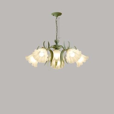 Imagem de GNYOUS Lustre nórdico delicado Sputnik chique em forma de flor verde luz pendente de altura ajustável para cozinha ilha mesa de sala de jantar