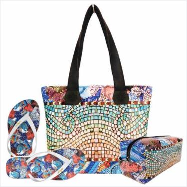 Imagem de Kit Casual Feminino Mosaico com Bolsa, Necessaire e Chinelo, Magicc, 3