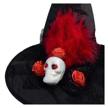 Imagem de Chapeu Bruxa Preto de Luxo Infantil e Adulto Com Caveira de Halloween 