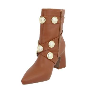 Imagem de Bota Feminina com Salto Bloco Detalhe Broche Dourado Napa Caramelo - L