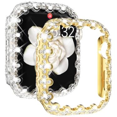 Imagem de NewWays Pacote com 2 capas protetoras brilhantes compatíveis com Apple Watch Series 10 de 42 mm, capa protetora de diamante de 4 folhas para mulheres, protetor de moldura de PC rígido para iWatch