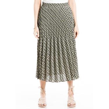 Imagem de Max Studio Saia midi plissada longa casual cintura alta elástica feminina, Lennon verde-oliva/limão em cunhas, GG