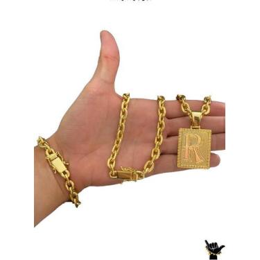 Imagem de Corrente Cadeado 10mm + Pulseira + Pingente - Banhado a Ouro - ToJoia1