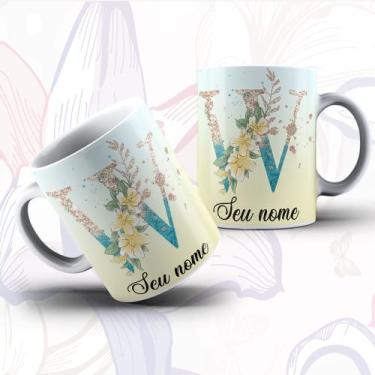 Imagem de Caneca Porcelana Alfabeto Floral Glitter Personalizada Com Inicial E N