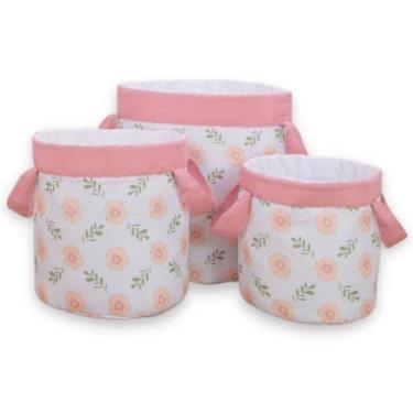 Imagem de Kit Cesto Organizador Infantil Elefantinha Floral Salmão - Miguel Baby