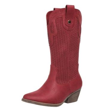 Imagem de Hamesk Botas caubói femininas cowgirl western bico fino salto baixo feminino salto grosso bota de panturrilha larga para casual elegante, Vermelho, 34