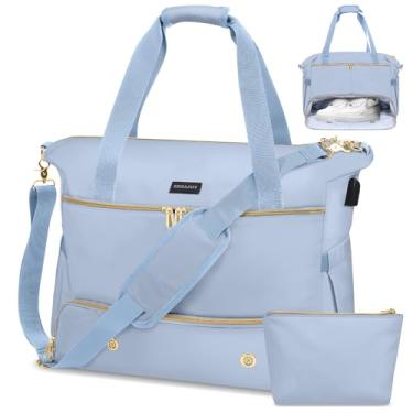 Imagem de Bolsa feminina de fim de semana, bolsa de viagem grande com compartimento para sapatos e bolso molhado, bolsa de mão, bolsa de ginástica, Azul, Bolsa de viagem