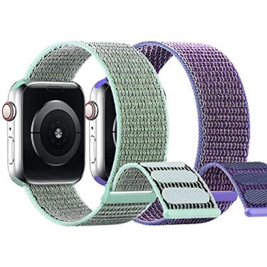 Imagem de Pulseira esportiva de nylon para crianças Apple Watch Bands, projetada para meninos e mulheres, pulseiras de relógio pequenas, compatível com iWatch séries 7/6/5/4/3/2/1/SE 38/40 41/42/44/45 mm (38/40/41 mm, verde lilás e marinho)
