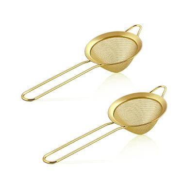 Imagem de Conjunto de 2 coadores de malha fina, coador de chá de aço inoxidável E-far 8,5 cm com cabo longo, peneira cônica pequena para coquetel de café, à prova de ferrugem e fácil de limpar (ouro)