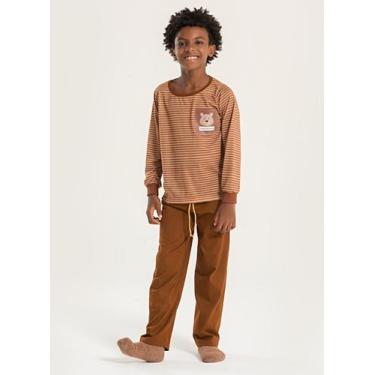 Imagem de Pijama Longo Infantil Menino Marrom Blusa e Calça Ursinho Listrado - M