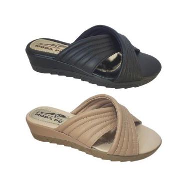 Imagem de Kit 2 Pares Tamanco Feminino Tiras Anabela Super Conforto Moda Pé, Pre