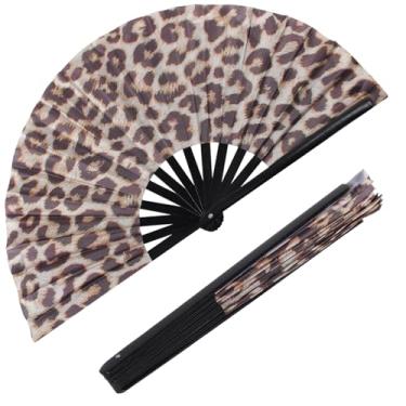 Imagem de Plzoslly Grande ventilador de mão dobrável para homens/mulheres, ventilador portátil de rave, ventilador portátil Clack Summer Rave para festa discoteca, praia, dança, presente (leopardo)