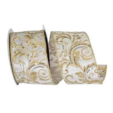 Imagem de Reliant Ribbon Fita com fio de veludo bordado de lantejoulas filigrana, marfim/dourado