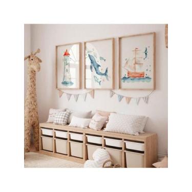 Imagem de 3 Quadros Infantil Quarto Baleia Farol Navio Cores Suaves Aventura Oce