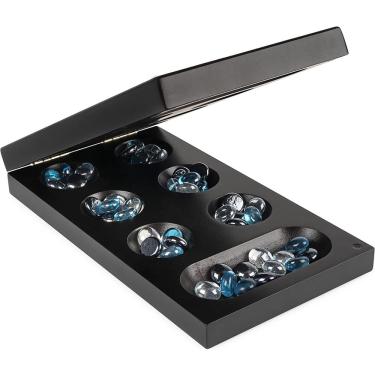 Imagem de Legacy Deluxe Mancala Classic Game com tabuleiro de jogo de madeira dobrável e pedras de vidro coloridas, jogo em família para idades 8 ou mais