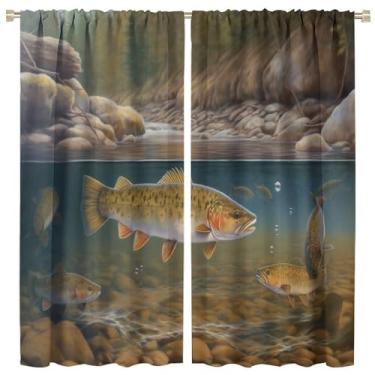 Imagem de Cortinas de decoração de pesca, pintura vintage, lagoa florestal amarela, lago, amarelo, padrão de natação, tratamentos de janelas, isolamento térmico, varão, bolso drapeado para meninas, meninos