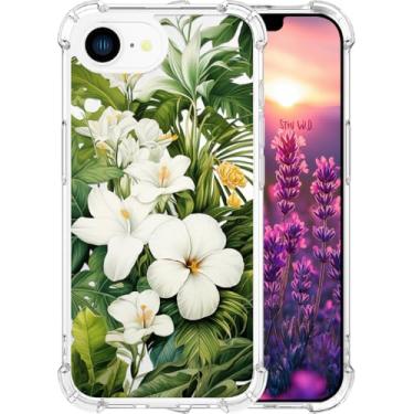 Imagem de ENDIY Compatível com iPhone 16e 2025 para mulheres, capas de telefone fofas, design transparente, proteção kawaii, flores verdes de verão, folhas de palmeira, plantas tropicais, selva