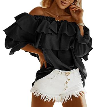 Imagem de Byinns Blusas Femininas De Manga Comprida Com Babado Ombro De Fora Casual Em Camadas Pretas