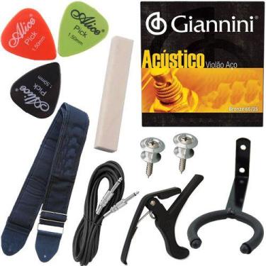 Imagem de Kit Acessórios Violão Capotraste Correia Cordas Pestana Osso - Strinbe