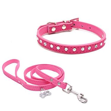 Imagem de Dogs Kingdom 25,4 cm - 41,9 cm de comprimento total pele de camurça joias strass conjunto de coleira para cães de estimação diamantes de cristal brilhante cravejado couro filhote cachorro gato coleira conjunto rosa vermelho XXS