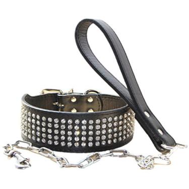 Imagem de Conjunto de coleira de couro com diamante de cristal e strass de 5 cm de largura da haoyueer, conjunto de coleira para cachorro Pitbull, Buldogue, Doberman (preto, G)