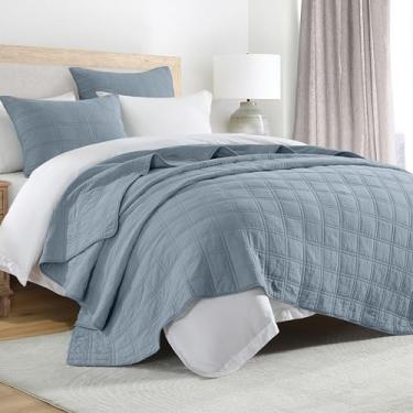 Imagem de HORIMOTE HOME Conjunto de colcha 100% algodão, tamanho solteiro, conjunto de colchas pré-lavadas azul adriático em padrão geométrico, capa de cama decorativa aconchegante e leve com 1 fronha para
