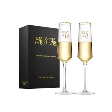 Imagem de Taças de champanhe Mr and Mrs com haste longa, taça de brindar para noiva e noivo, conjunto de 2 taças de vinho quadradas clássicas de 200 ml, para chá de panela, para casamento, aniversário, presentes de noivado para casais