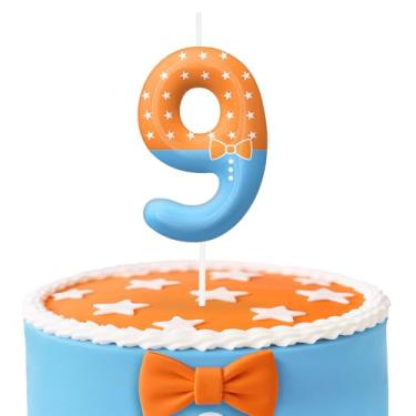 Imagem de Velas de aniversário número 9 azul laranja, topo de bolo com tema de desenho animado para decoração de bolo para meninos e meninas, decorações de aniversário, suprimentos de festa, velas numéricas