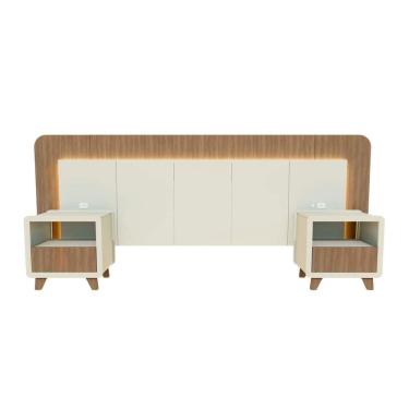 Imagem de Cabeceira Casal Queen com 2 Mesas de Cabeceira Led 3000k e Tomadas 100% Mdf Mabel Off White / Louro Freijó Grann