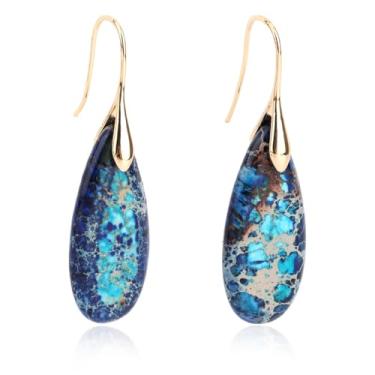 Imagem de Brincos Pedra Natural, Brincos Pendentes em Forma de Argola Leves Modernos Design Gota Água Joias com Pedras Presente Aniversário para Mulher (Azul, Dourado)