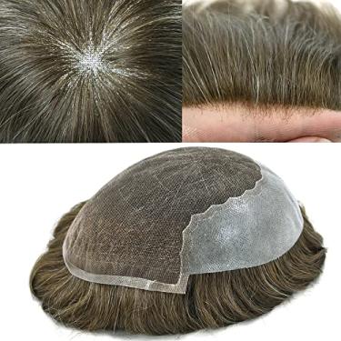 Imagem de LYRICAL HAIR Sistema de cabelo masculino renda francesa transparente cabelo humano pele fina peruca masculina cinza marrom preto loiro peça de cabelo masculino (18 x 23 cm, marrom muito claro nº 7)