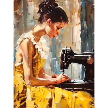 Imagem de A mulher com a máquina de costura, kit de pintura de diamante engraçado para adultos, faça você mesmo, máquina de costura de arte de diamante 5D, kits de pintura artesanato para decoração de casa 30 x