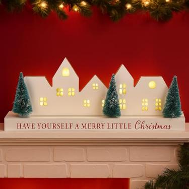 Imagem de Amyhill Decoração de mesa de Natal de madeira 2025 iluminada LED decoração de vila de Natal rústica casa de fazenda bloco de feliz natal placa central com palavras para cornija casa quarto ornamento