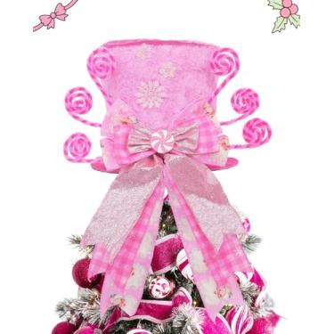 Imagem de Chapéu de árvore de Natal com laço, enfeite de veludo de bengala doce com laço rosa pré-amarrado, decoração de Natal para decoração de casa