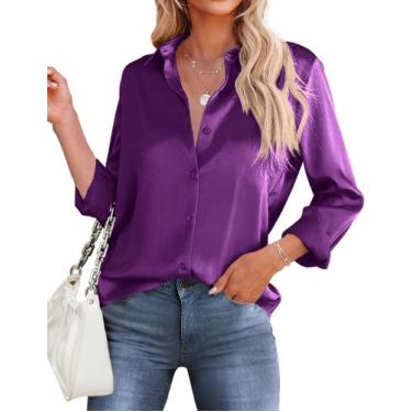 Imagem de Blusa feminina HOTOUCH de seda roxa acetinada de manga comprida XXL